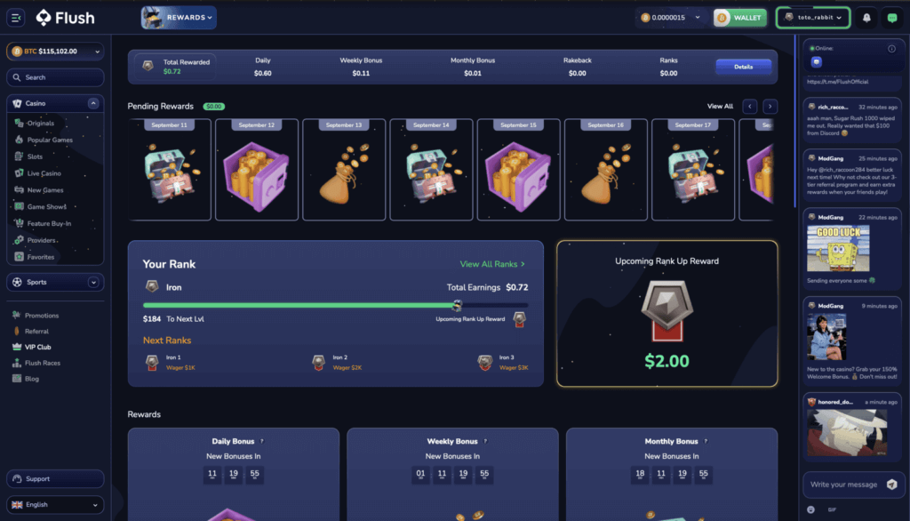 Flush VIP Club dashboard