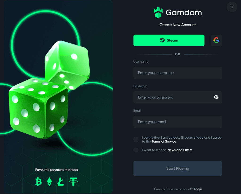 gamdom sign up and login