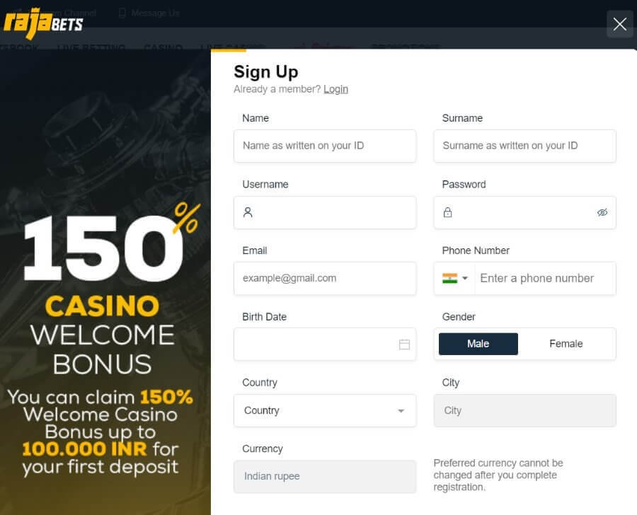 sign up options at rajabets casino