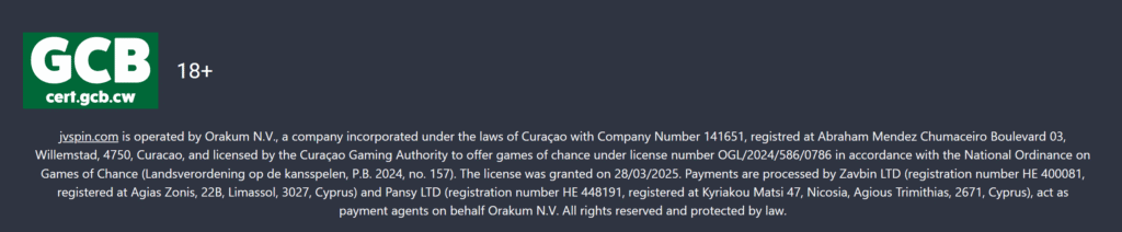 jvspinbet license