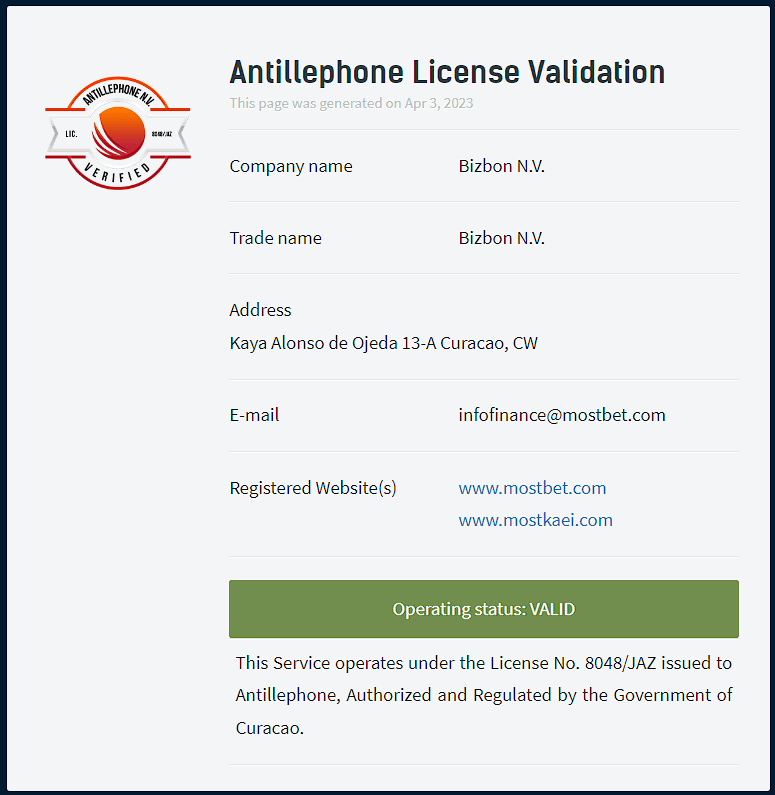 mostbet licence