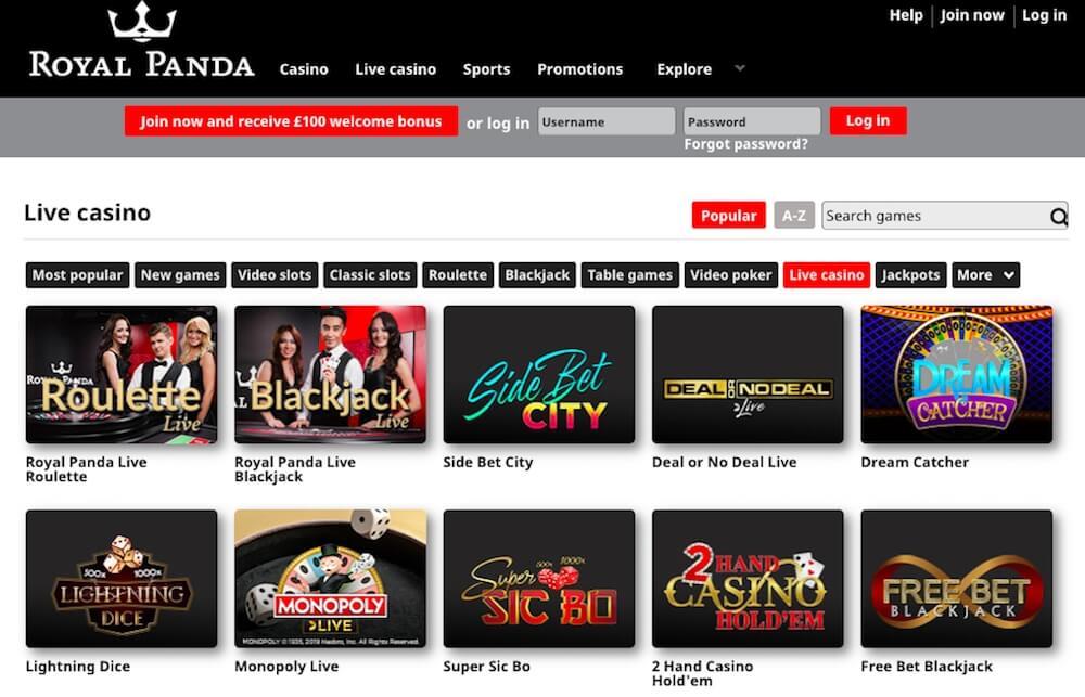 Royal Panda casino - live casino