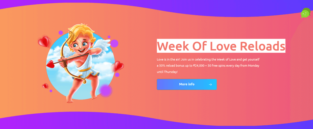2. Cadoola Week of Love Reloads - 50% Reload Up to 24,000 INR + 50 Free Spins